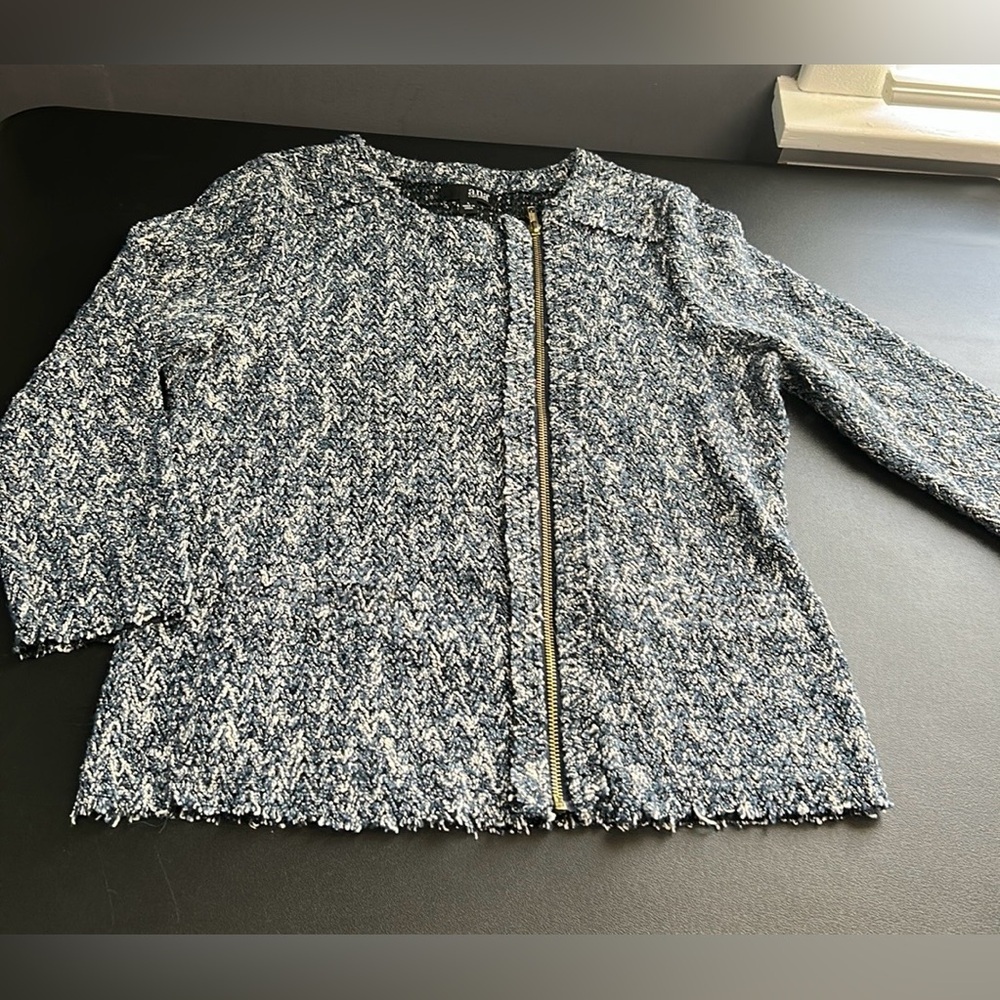 ana women’s blue zip sweater pockets fringe lightweight 3/4 sleeve‎ croquette